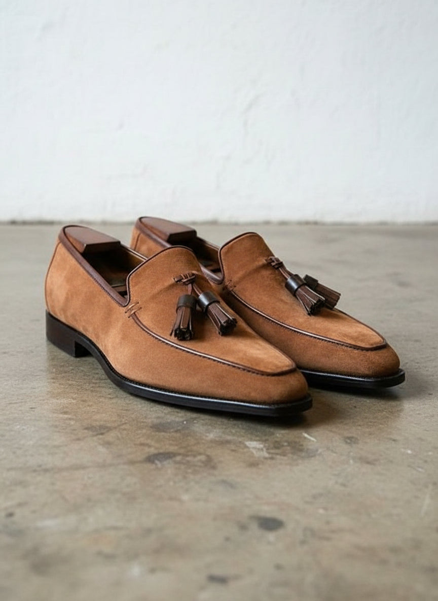 Handmade Mens brown suede tassels moccasins, Men suede dress shoes - angle-view-showing-depth