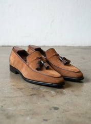 Handmade Mens brown suede tassels moccasins, Men suede dress shoes - angle-view-showing-depth