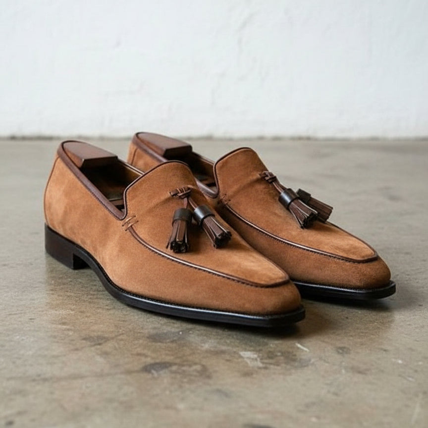 Handmade Mens brown suede tassels moccasins, Men suede dress shoes - angle-view-showing-depth