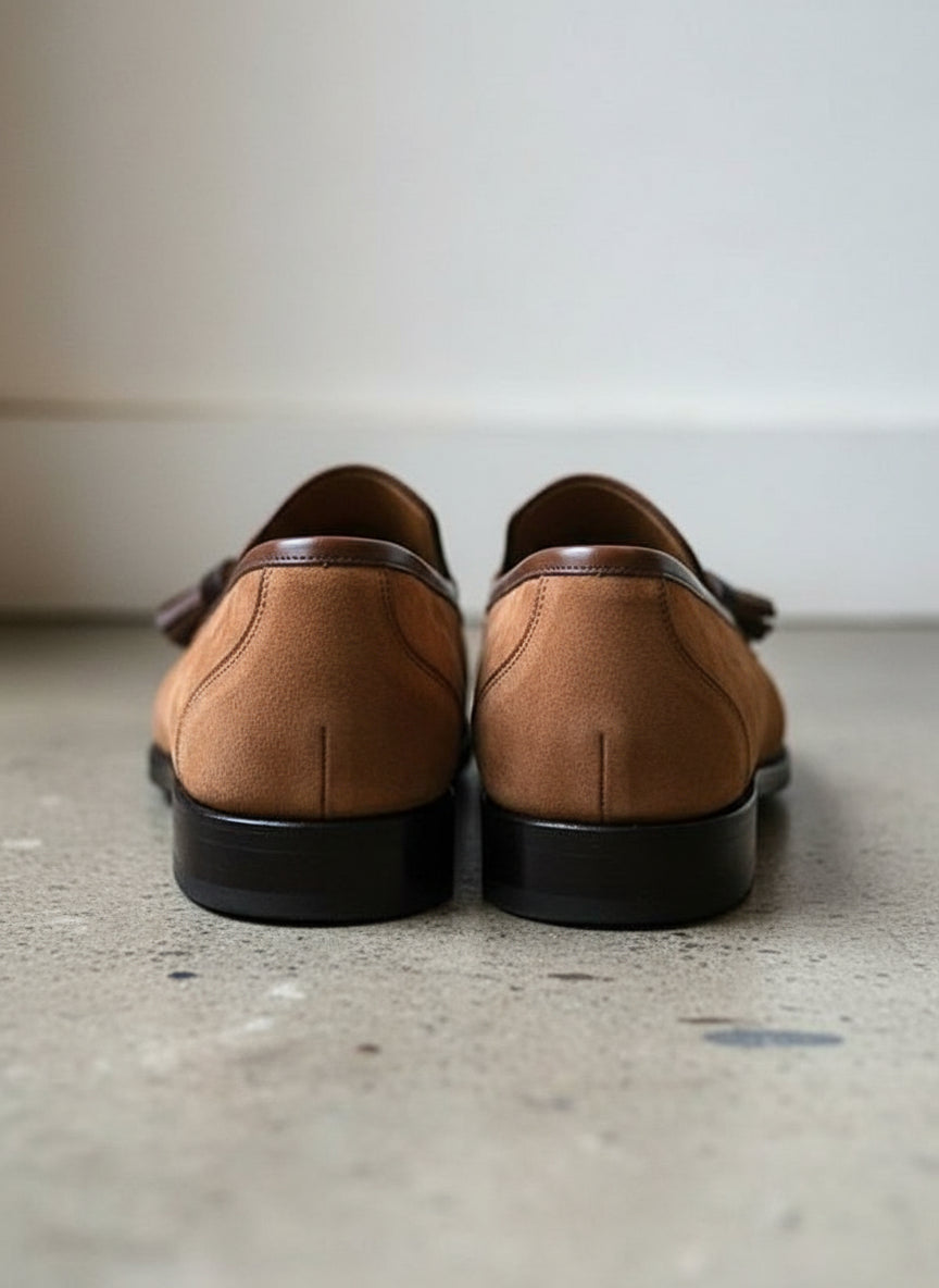 Handmade Mens brown suede tassels moccasins, Men suede dress shoes - back-view