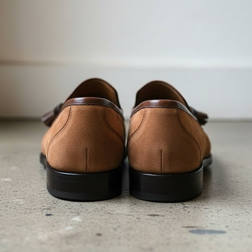 Handmade Mens brown suede tassels moccasins, Men suede dress shoes - back-view
