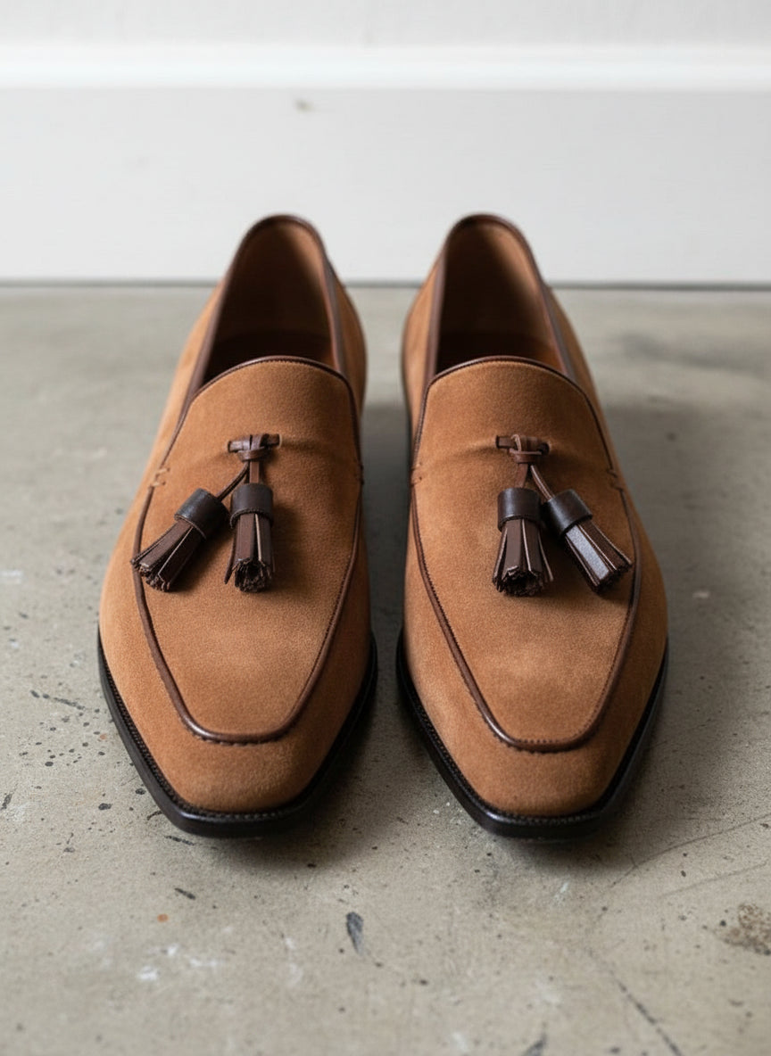 Handmade Mens brown suede tassels moccasins, Men suede dress shoes - front-view