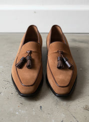 Handmade Mens brown suede tassels moccasins, Men suede dress shoes - front-view