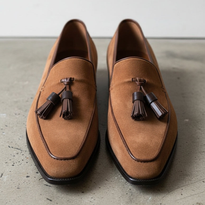 Handmade Mens brown suede tassels moccasins, Men suede dress shoes - front-view