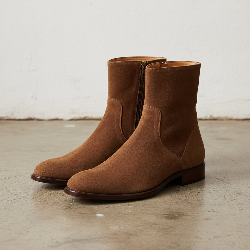 Handmade Mens brown suede zipper ankle boots, Men brown casual