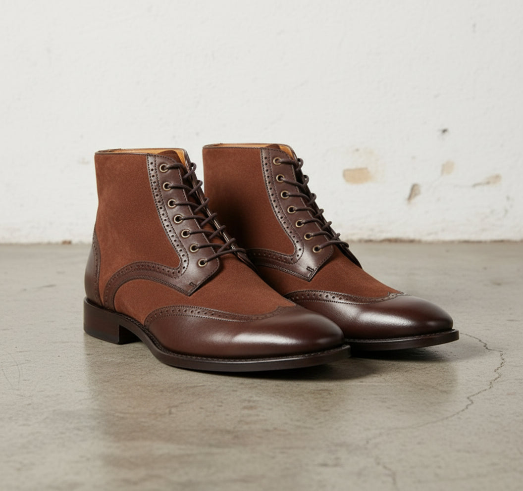 Handmade Mens Brown Wing tip Lace up ankle boot, Men brown dress boots - angle-view-showing-depth