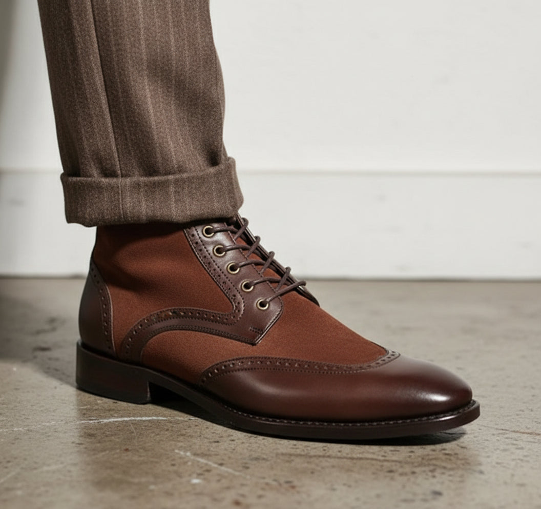 Handmade Mens Brown Wing tip Lace up ankle boot, Men brown dress boots - detail-view-showing-texture