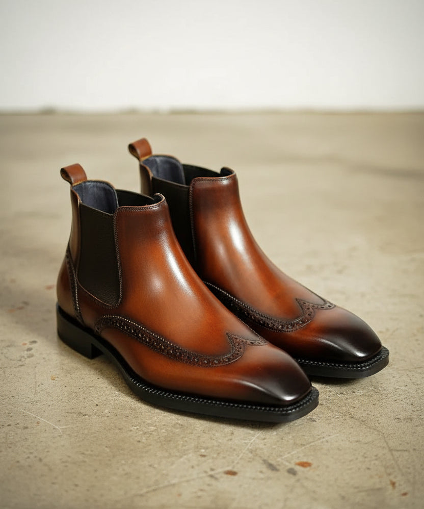 Handmade Mens brown wingtip chelsea boots, Men dress boots, Men brogue boot - 3-4-right-view