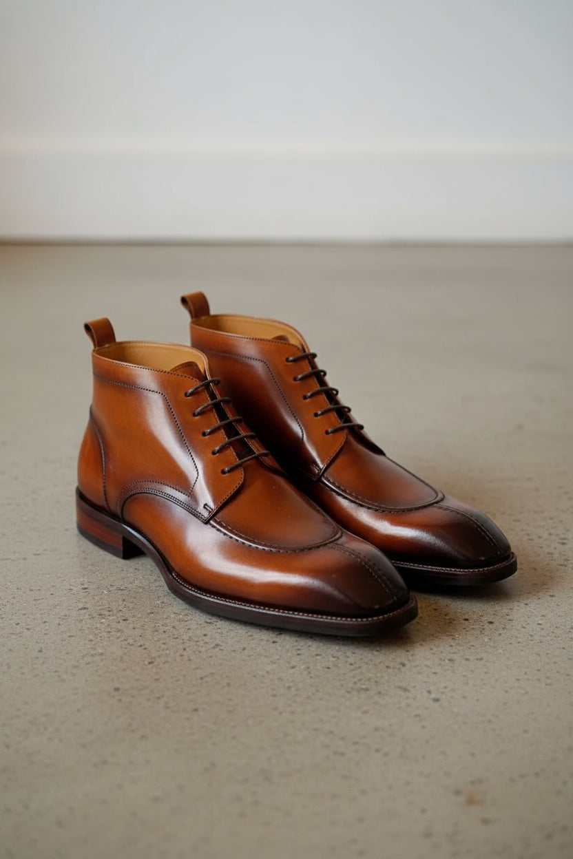 Handmade Mens brown wingtip lace up boots, Men dress boots, Mens ankle boot - angle-view-showing-depth