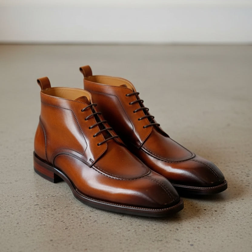 Handmade Mens brown wingtip lace up boots, Men dress boots, Mens ankle boot - angle-view-showing-depth