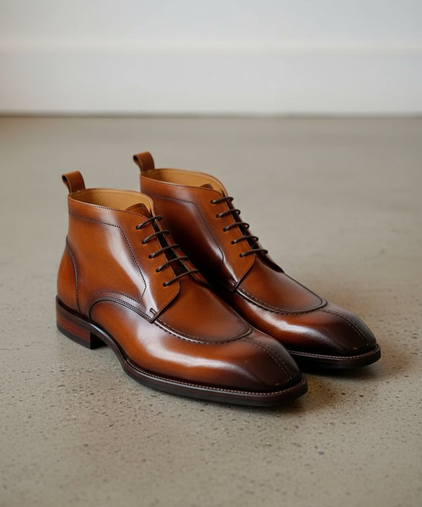 Handmade Mens brown wingtip lace up boots, Men dress boots, Mens ankle boot - angle-view-showing-depth