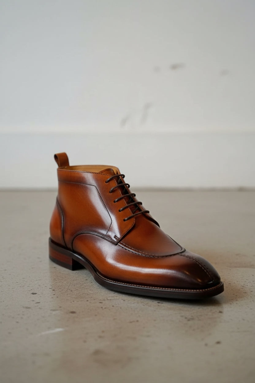 Handmade Mens brown wingtip lace up boots, Men dress boots, Mens ankle boot - detail-view-showing-texture