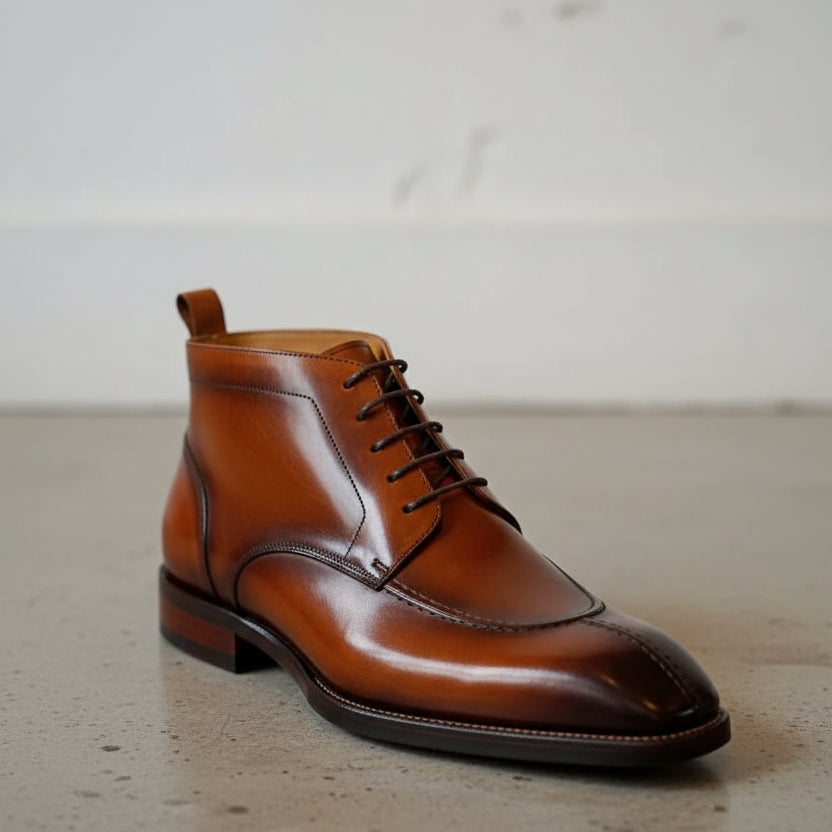 Handmade Mens brown wingtip lace up boots, Men dress boots, Mens ankle boot - detail-view-showing-texture