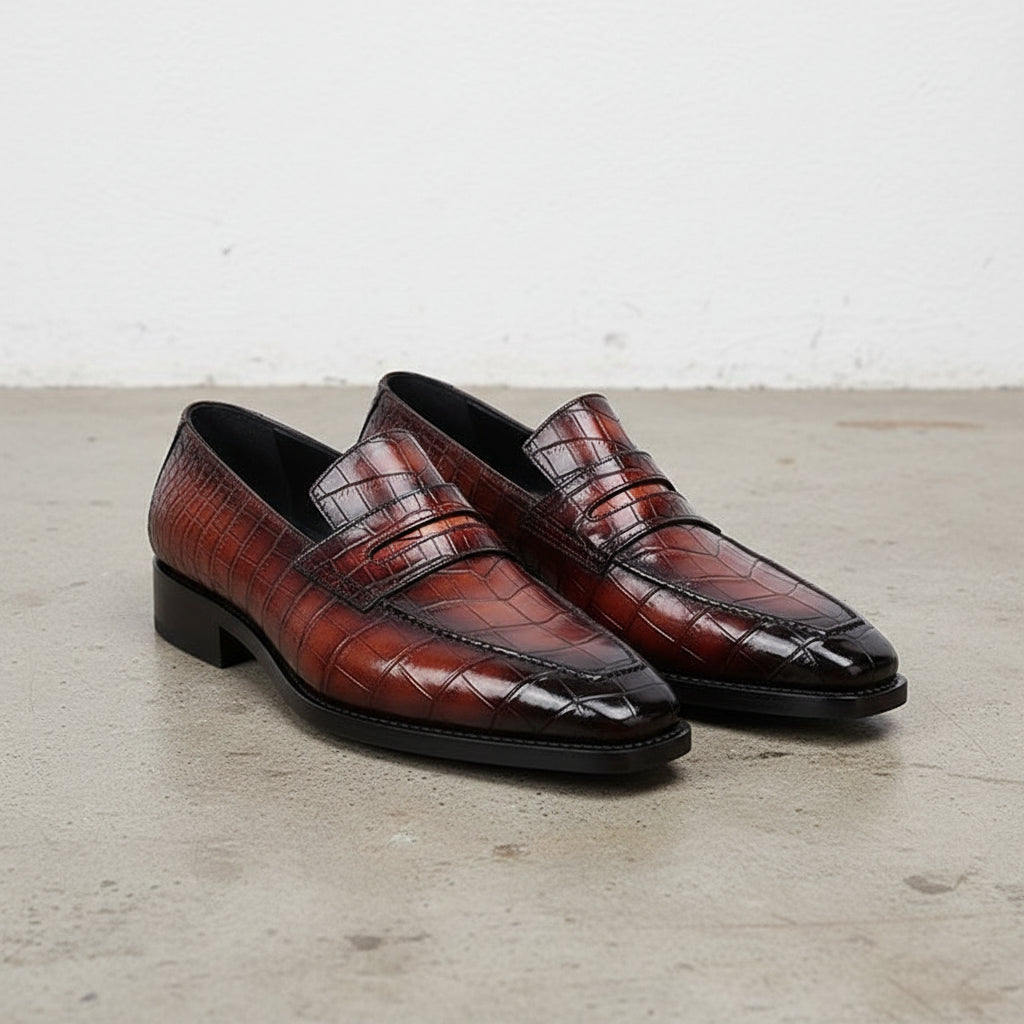 Handmade Mens Burgundy Alligators embossed print dress shoes Loafer moccasi - 3-4-right-view