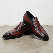 Handmade Mens Burgundy Alligators embossed print dress shoes Loafer moccasi - angle-view-showing-depth