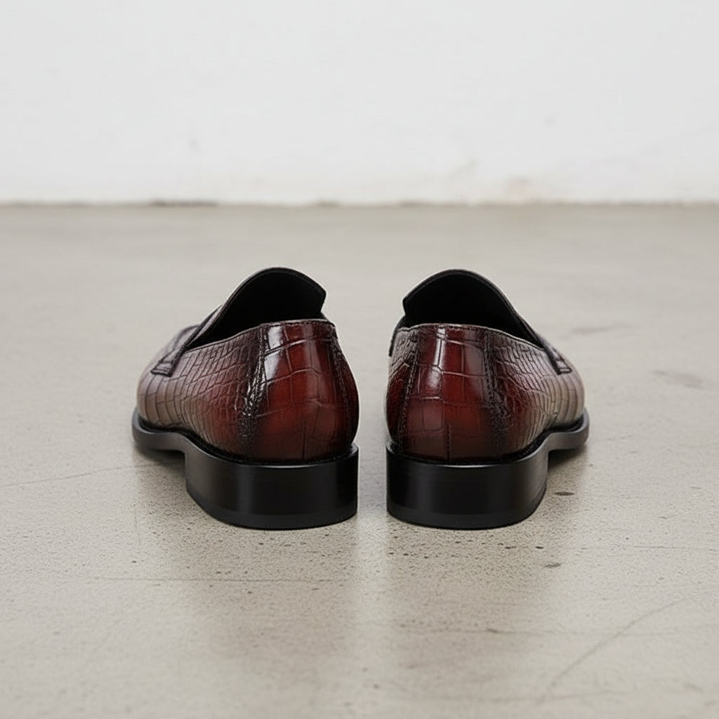 Handmade Mens Burgundy Alligators embossed print dress shoes Loafer moccasi - back-view