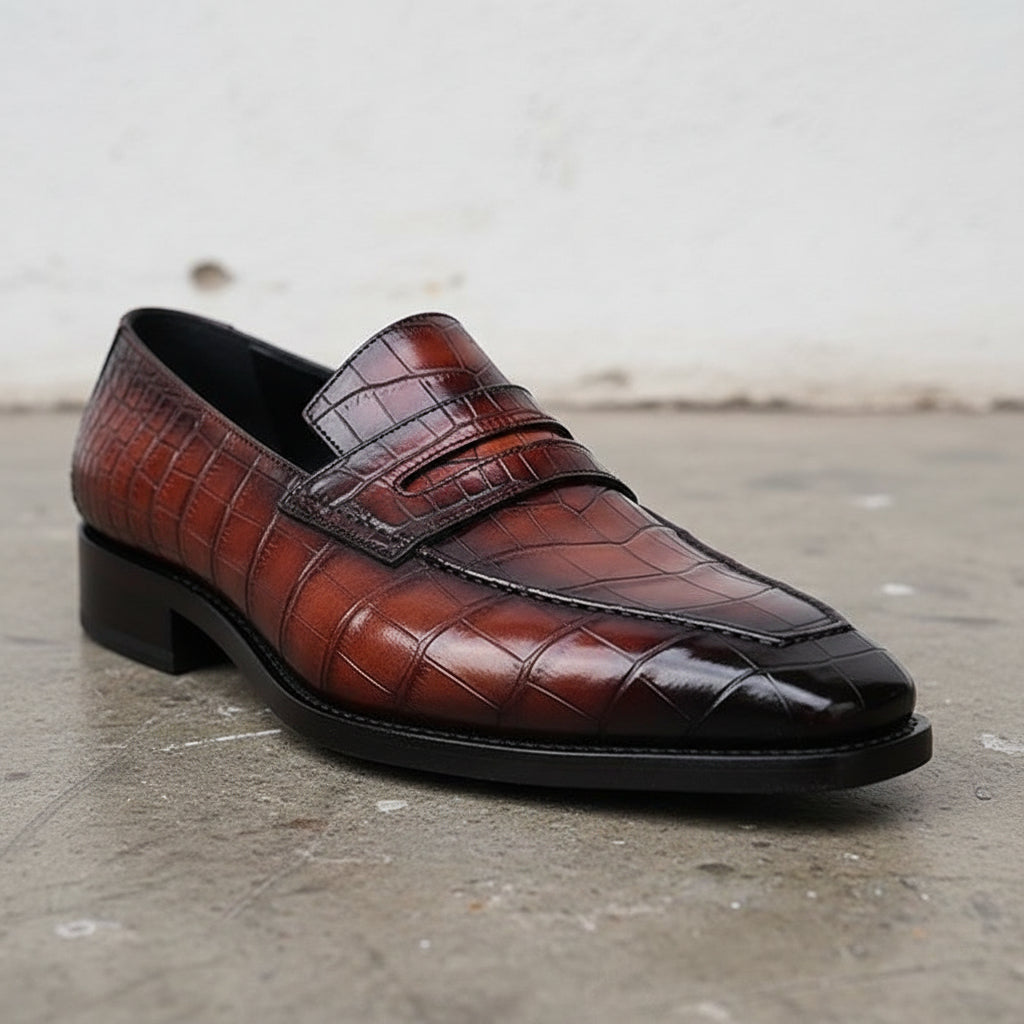 Handmade Mens Burgundy Alligators embossed print dress shoes Loafer moccasi - detail-view-showing-texture