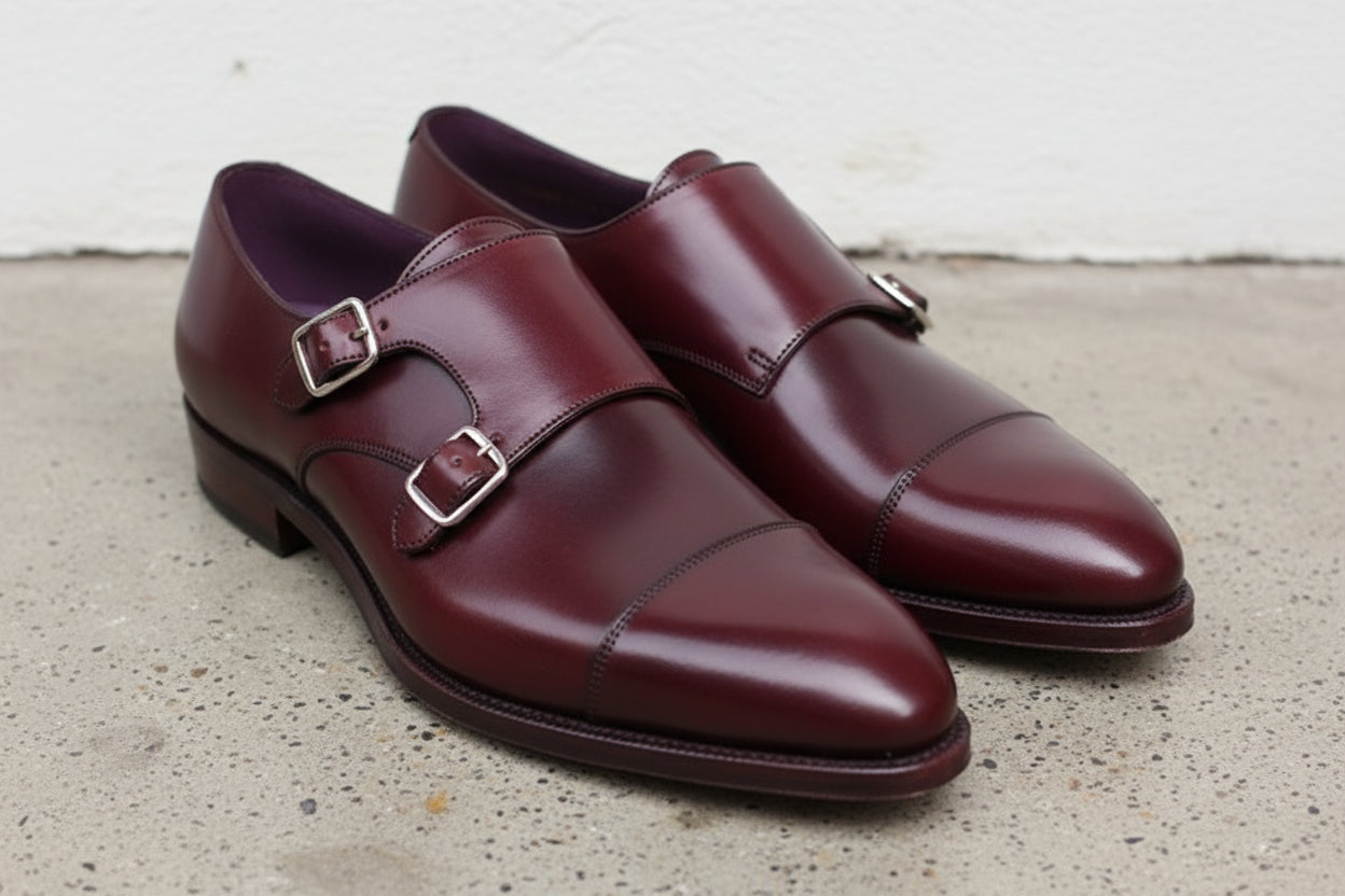 Handmade Mens burgundy double buckle dress shoes, Mens oxfords formal shoes - angle-view-showing-depth