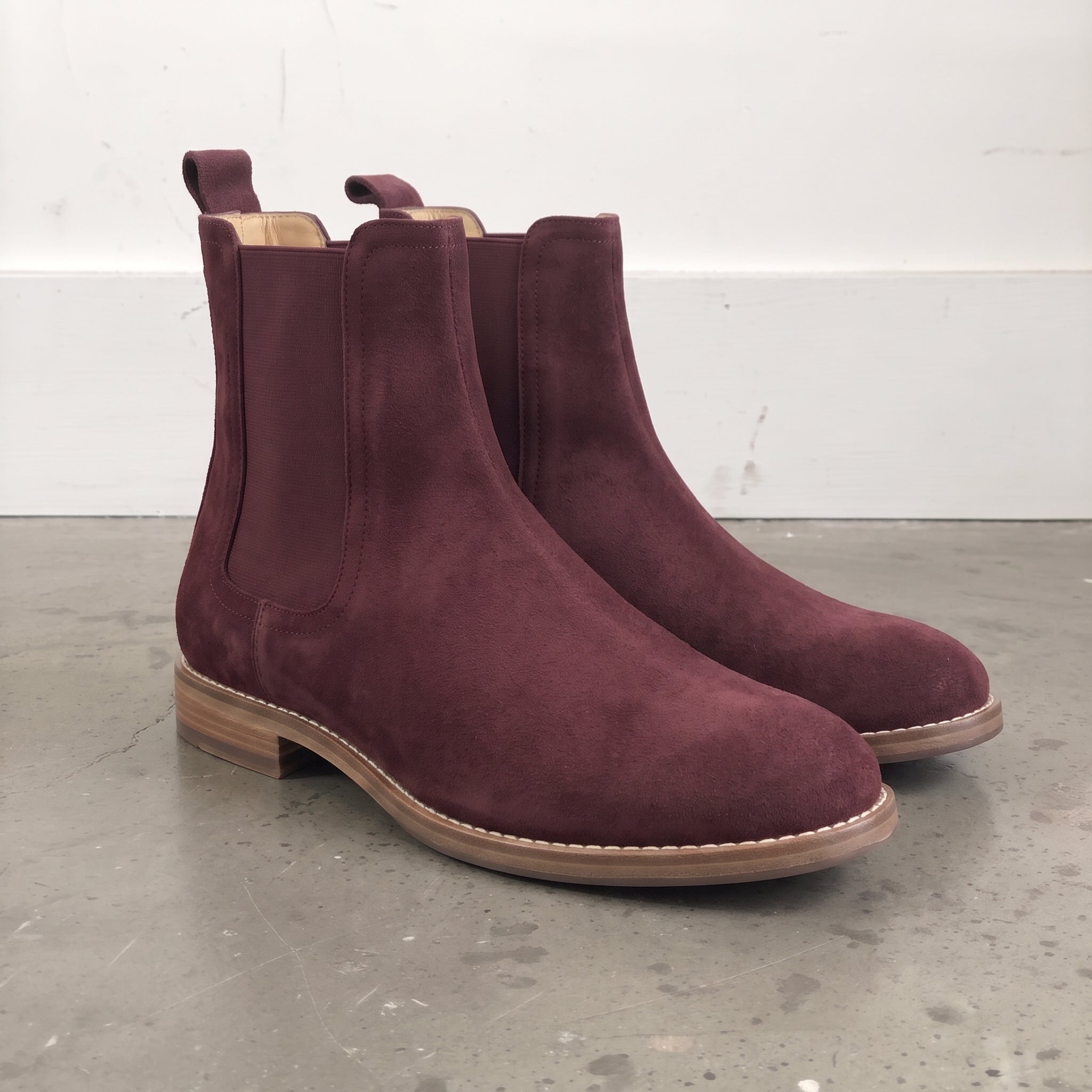 Handmade Men's Burgundy Suede Chelsea Ankle Boots — Denlow
