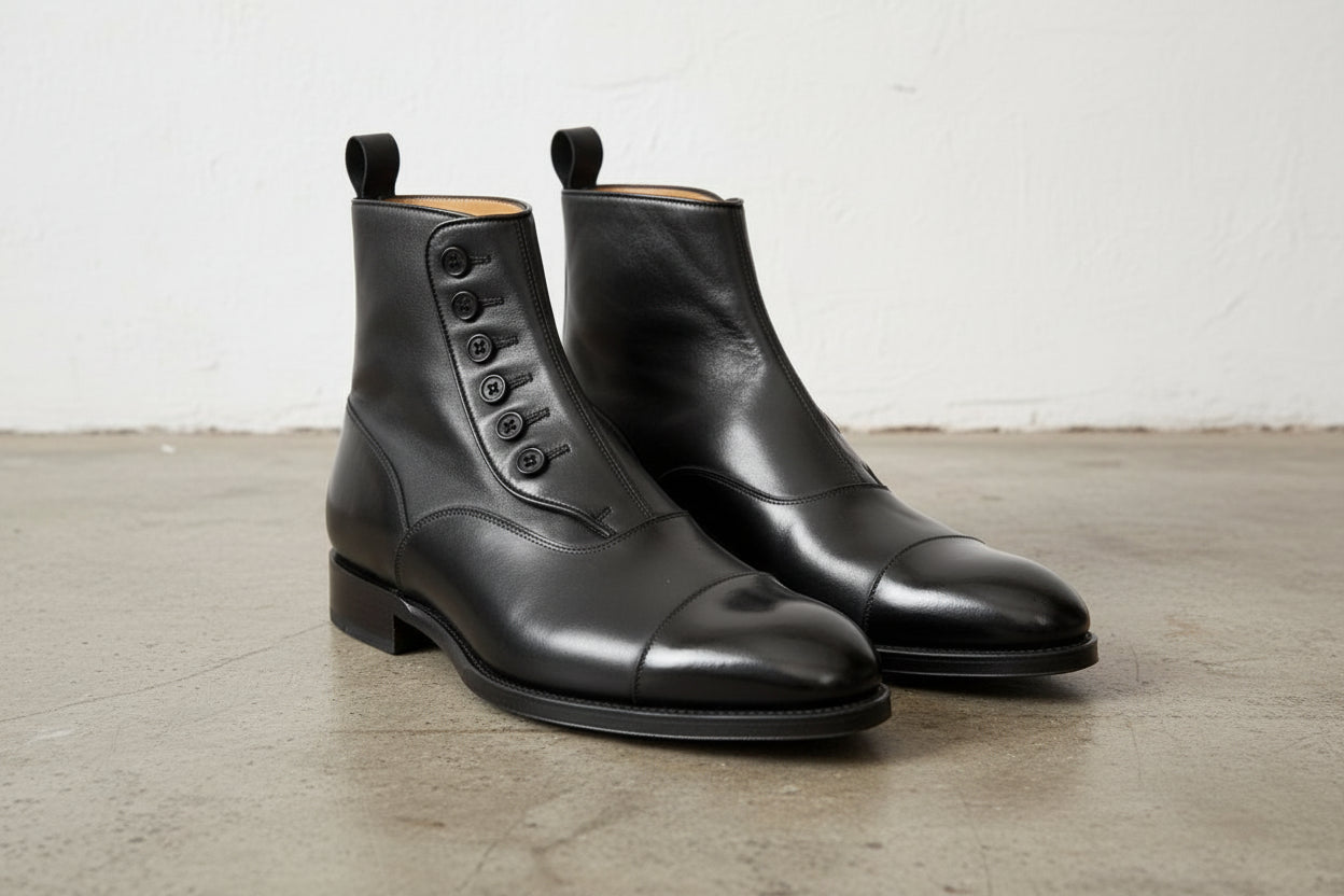 Handmade Mens Cap toe Leather Dress boots, Men black leather button boots - angle-view-showing-depth
