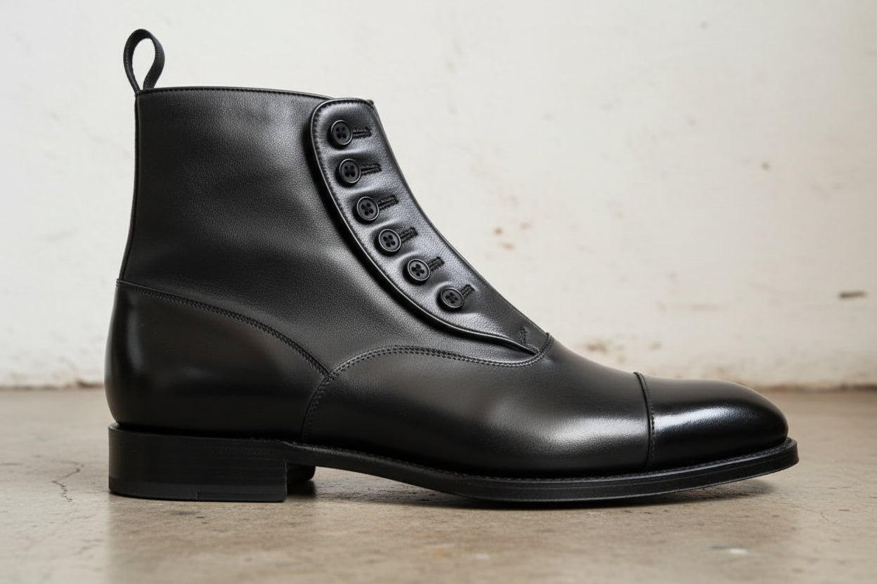 Handmade Mens Cap toe Leather Dress boots, Men black leather button boots - detail-view-showing-texture