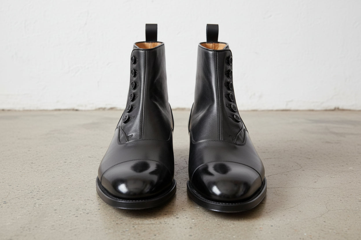 Handmade Mens Cap toe Leather Dress boots, Men black leather button boots - front-view