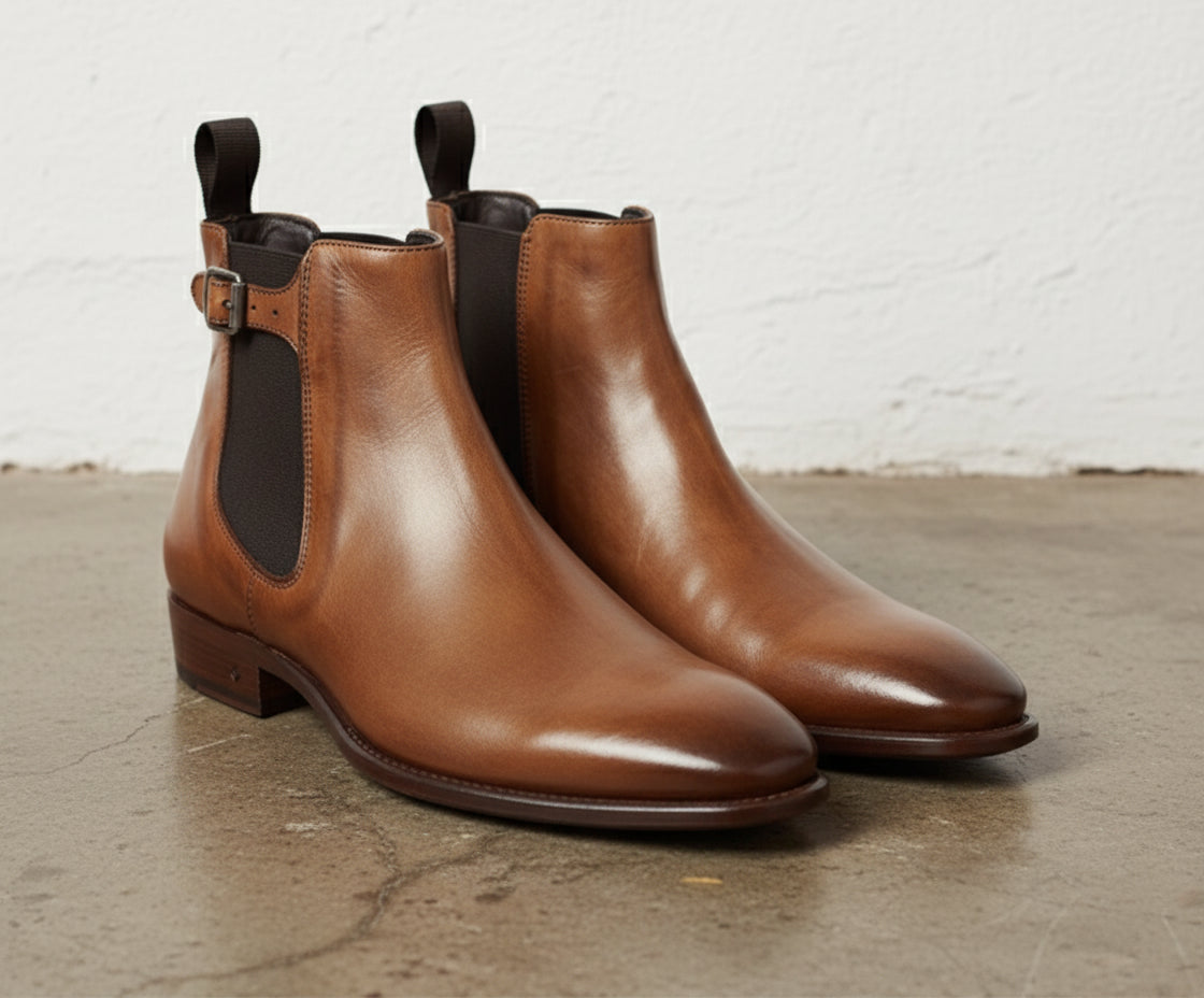 Handmade Mens Casual Leather Chelsea Boots, Square Toe Leather Ankle Boots - angle-view-showing-depth