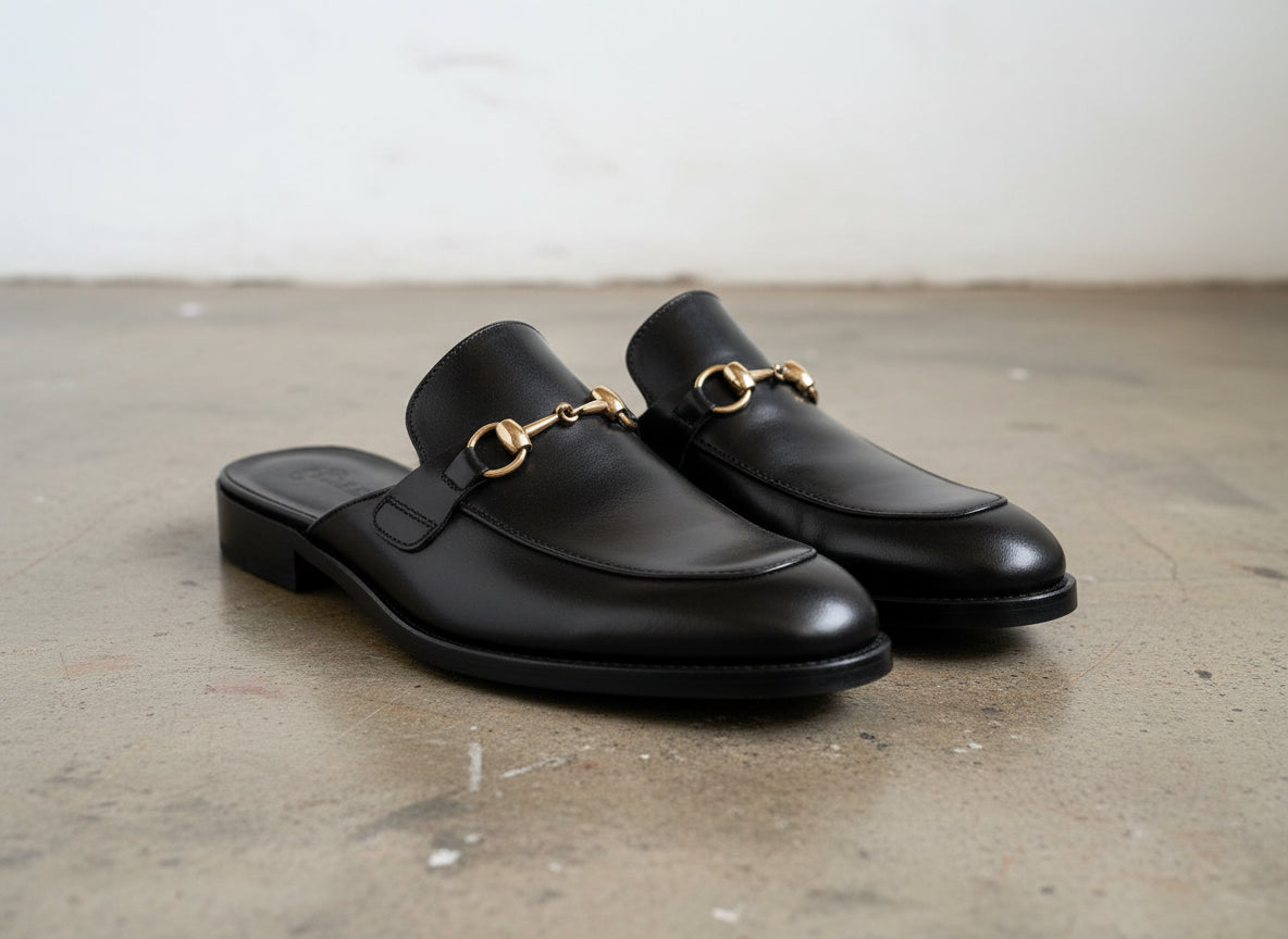 Handmade Mens Casual Slippers, Mens Black Leather Slippers shoes - angle-view-showing-depth