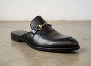 Handmade Mens Casual Slippers, Mens Black Leather Slippers shoes - detail-view-showing-texture