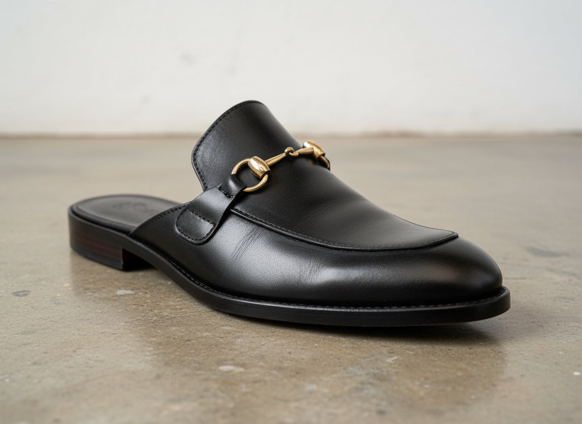 Handmade Mens Casual Slippers, Mens Black Leather Slippers shoes - detail-view-showing-texture