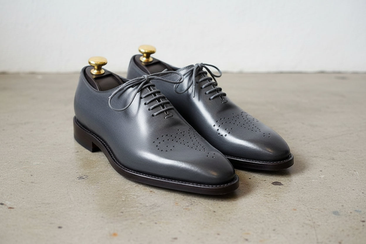 Handmade Mens Charcoal Gray Brogue Leather dress shoes Formal shoes for men - angle-view-showing-depth