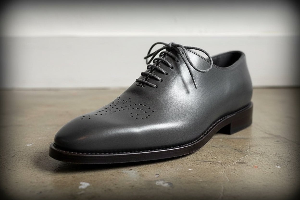 Handmade Mens Charcoal Gray Brogue Leather dress shoes Formal shoes for men - detail-view-showing-texture