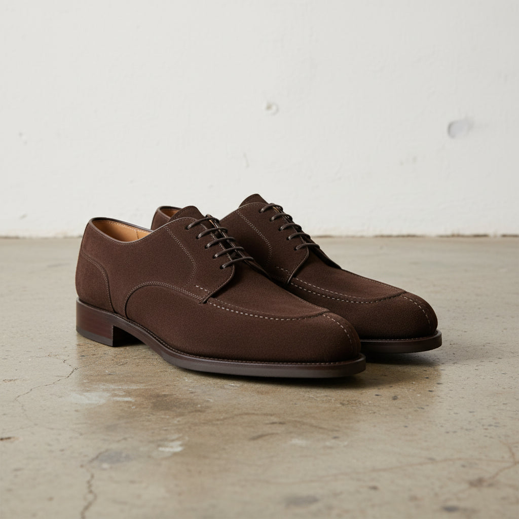 Handmade Men's Chocolate Brown Suede Derby Shoes - Norwegian Toe Brown Shoes