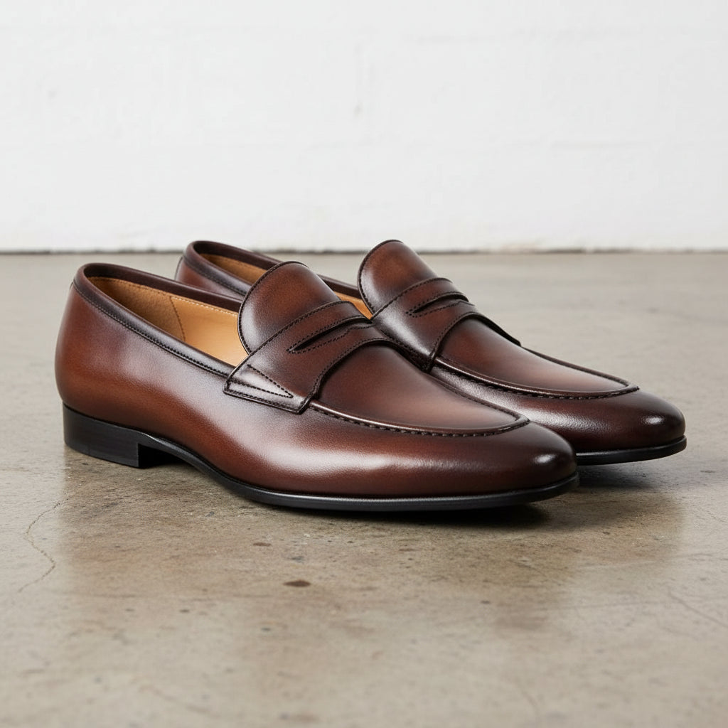 Handmade Men's Cow Genuine Leather Formal Penny Loafer Shoes - 3-4-right-view