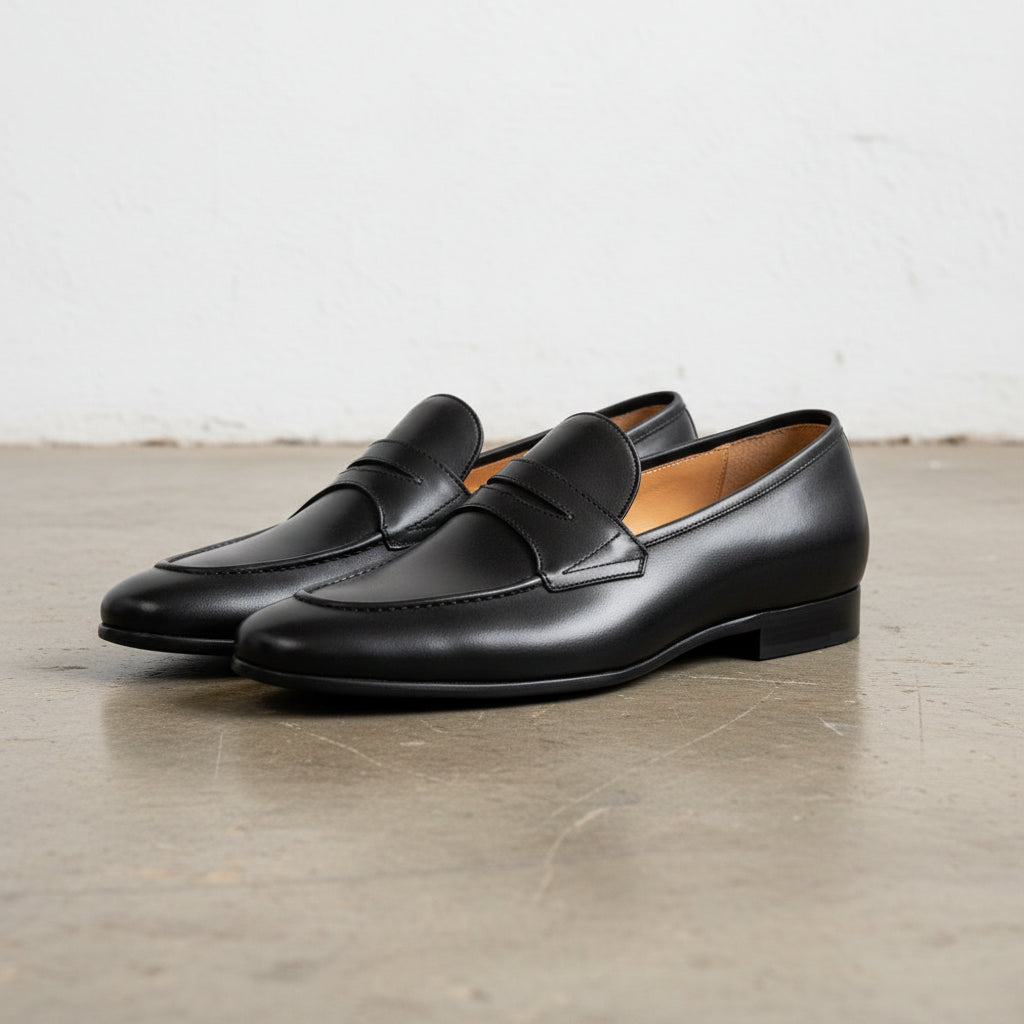 Handmade Men's Cow Genuine Leather Formal Penny Loafer Shoes - angle-view-showing-depth