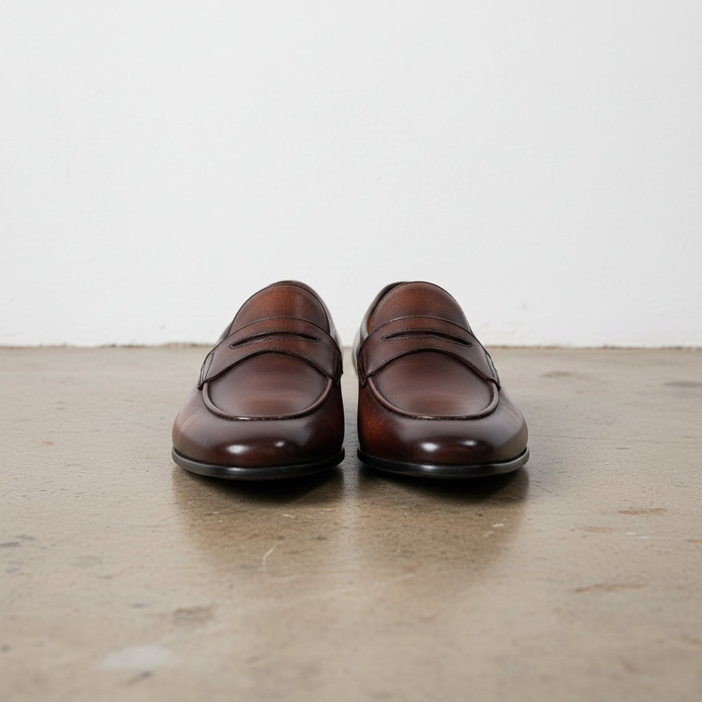 Handmade Men's Cow Genuine Leather Formal Penny Loafer Shoes - front-view