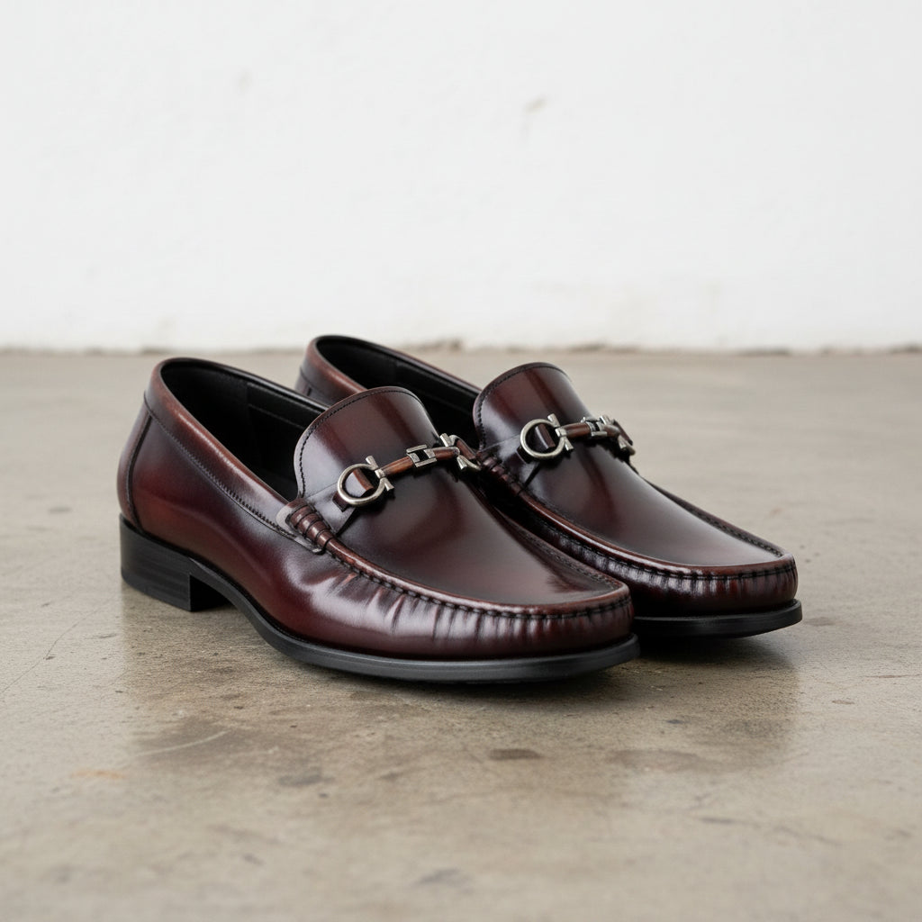 Handmade Men's Cow Leather Bit Loafers - angle-view-showing-depth