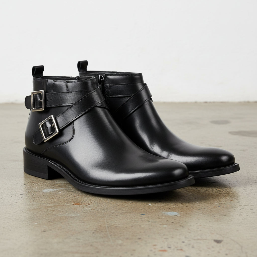 Handmade Men's Cow Leather Buckle Ankle Boots - 3-4-right-view