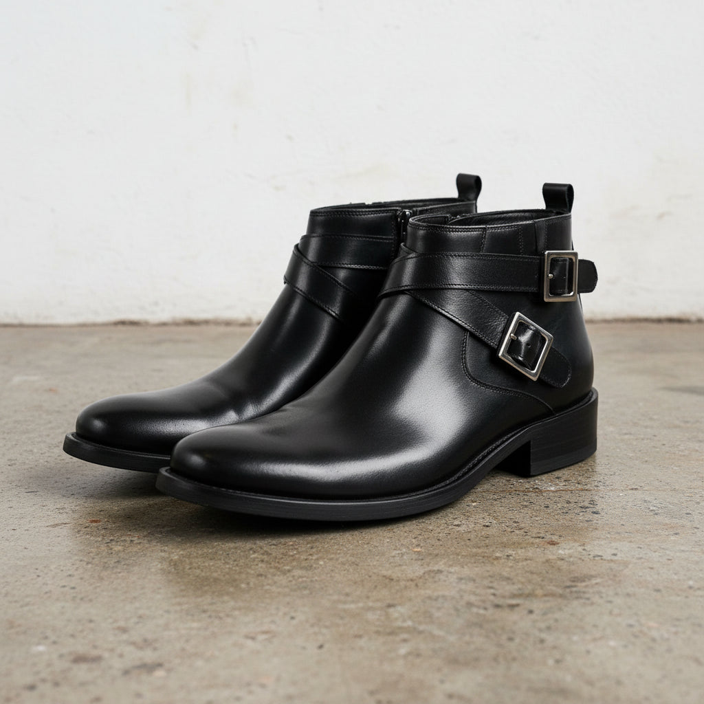 Handmade Men's Cow Leather Buckle Ankle Boots - angle-view-showing-depth