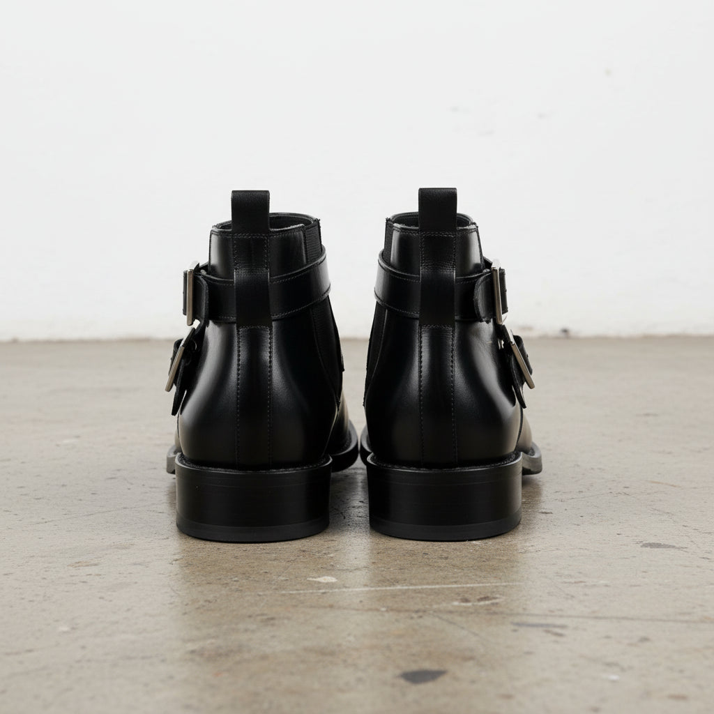 Handmade Men's Cow Leather Buckle Ankle Boots - back-view