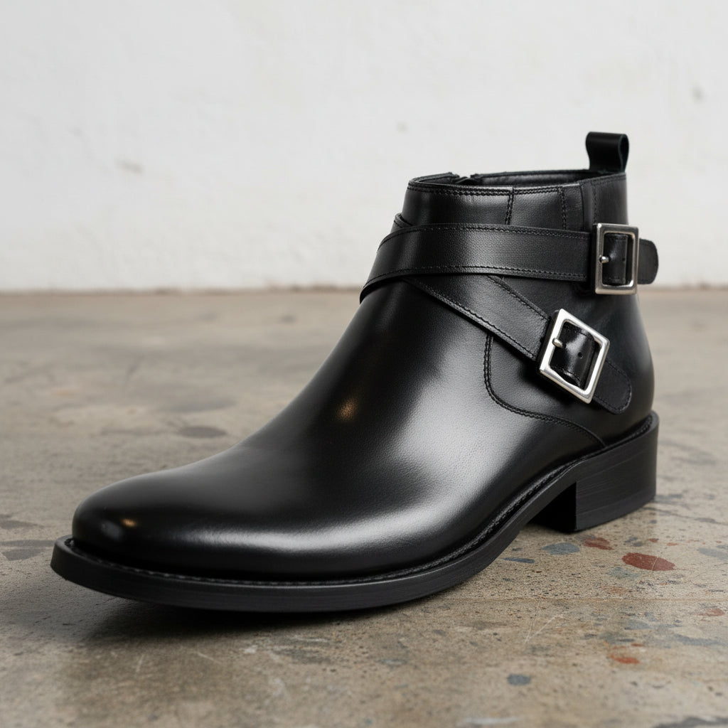 Handmade Men's Cow Leather Buckle Ankle Boots - detail-view-showing-texture