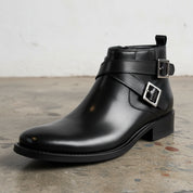 Handmade Men's Cow Leather Buckle Ankle Boots - detail-view-showing-texture