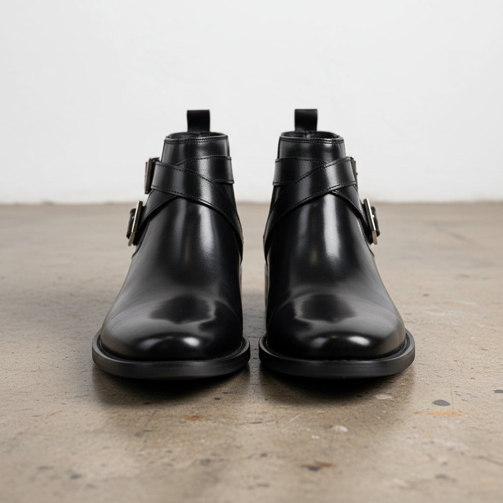 Handmade Men's Cow Leather Buckle Ankle Boots - front-view