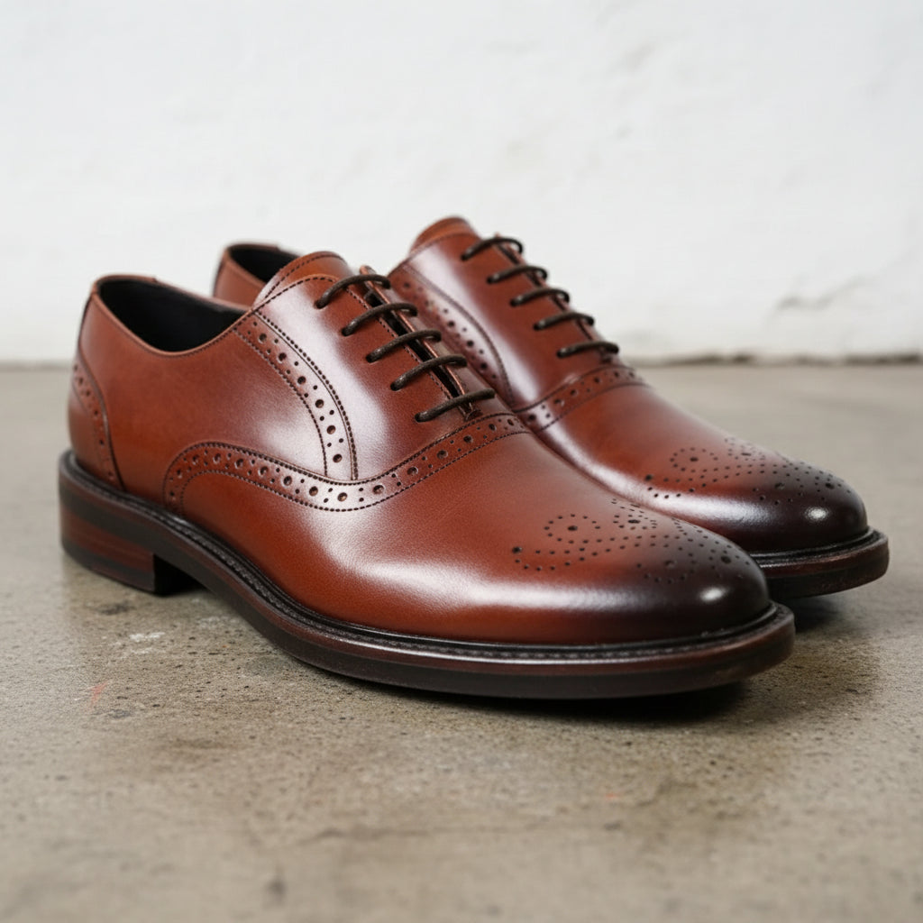 Handmade Men's Cow Leather Cap-Toe Brogue Shoes - detail-view-showing-texture