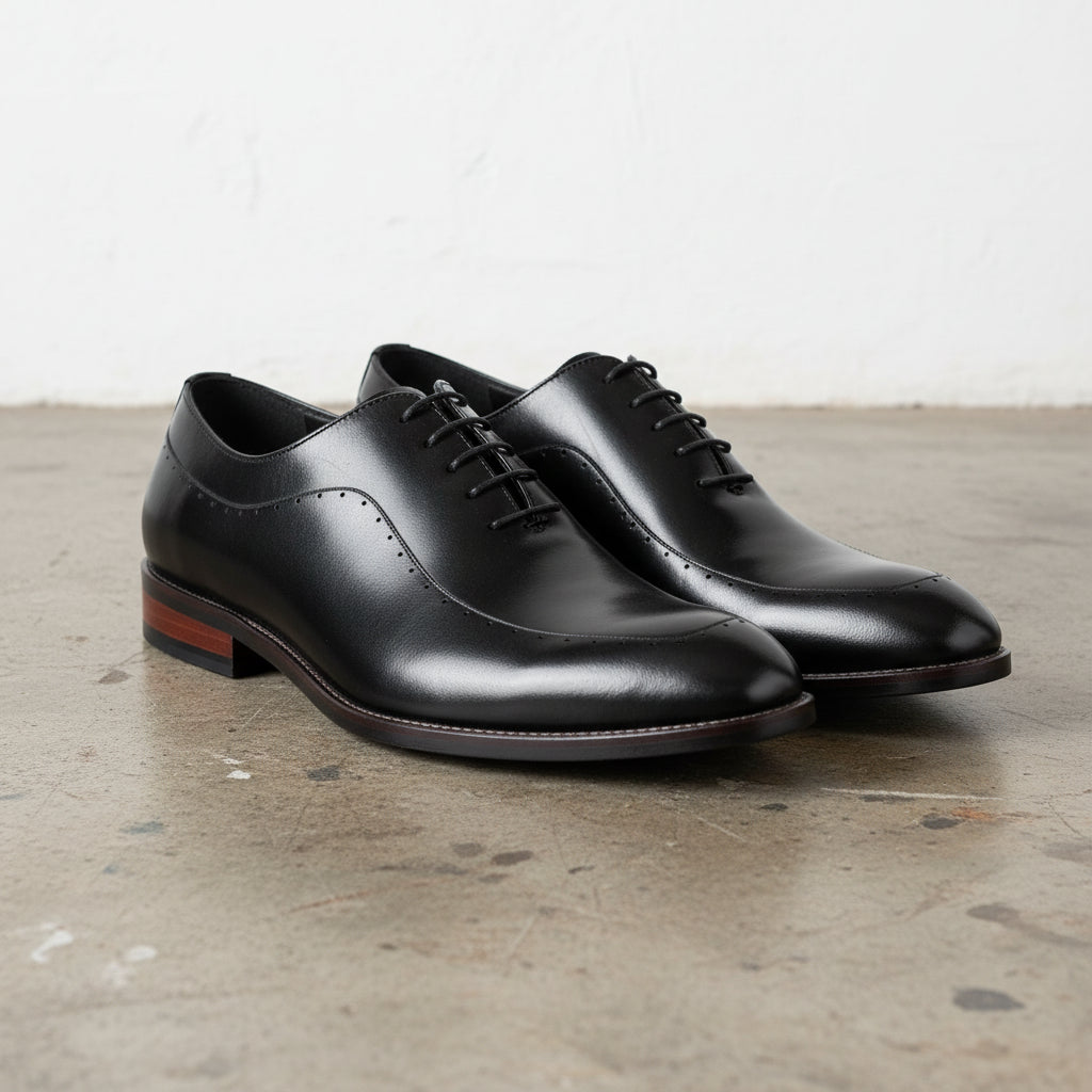 Handmade Men's Cow Leather Classic Brogues Dress Shoes - angle-view-showing-depth