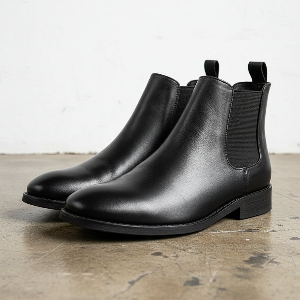 Handmade Men's Cow Leather Classic Chelsea Boots - angle-view-showing-depth