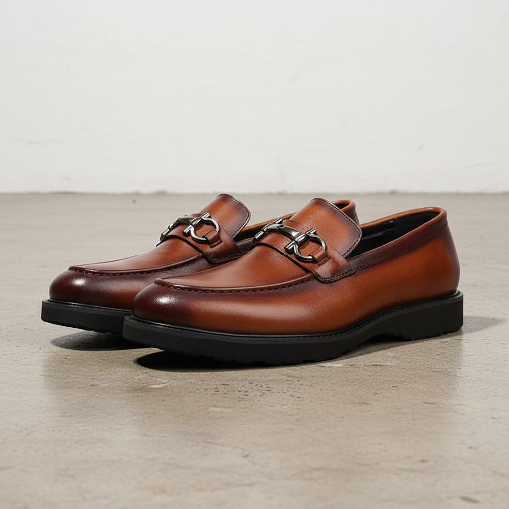 Handmade Men's Cow Leather Classic Loafers - angle-view-showing-depth