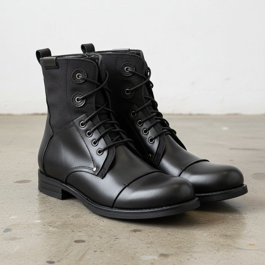 Handmade Men's Cow Leather Combat Boots - angle-view-showing-depth