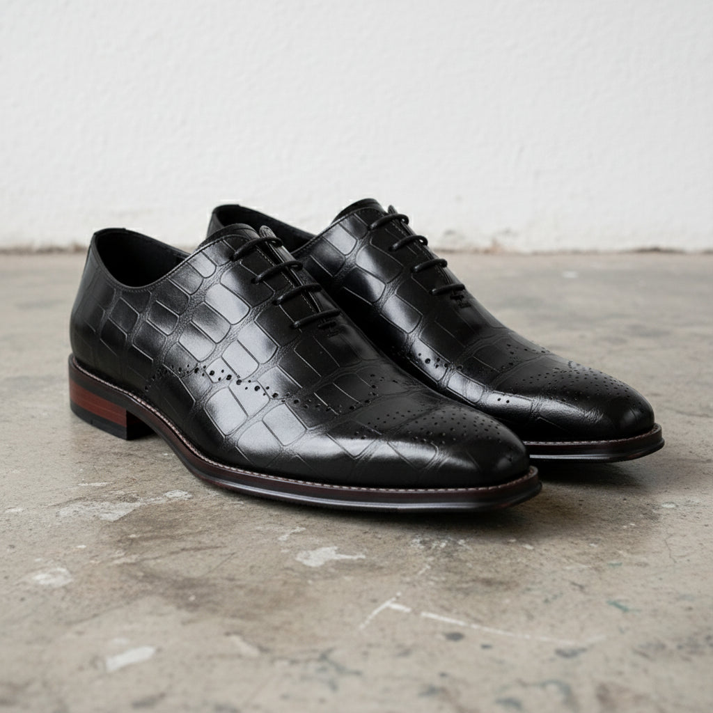 Handmade Men's Cow Leather Crocodile-Pattern Oxfords - angle-view-showing-depth