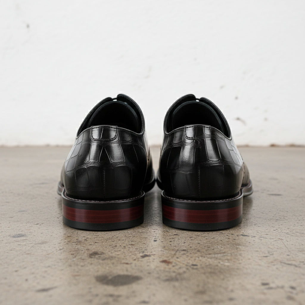 Handmade Men's Cow Leather Crocodile-Pattern Oxfords - back-view